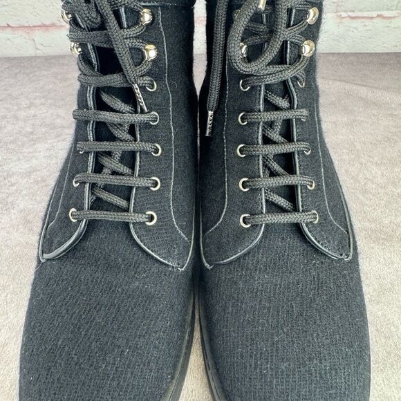 Chanel $1450 Wool Lace Up Black Biker Ankle Boots 9 - Picture 5 of 13